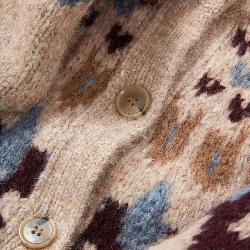 Beige Fair Isle Button-Front Knit Cardigan Sweater - Picture 4 of 7